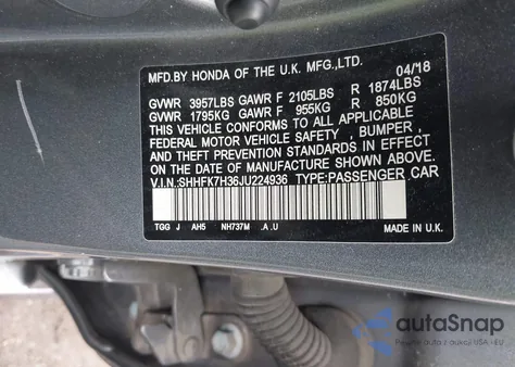 2018 Honda Civic Lx из США, поврежденный, VIN SHHFK7H36JU224936